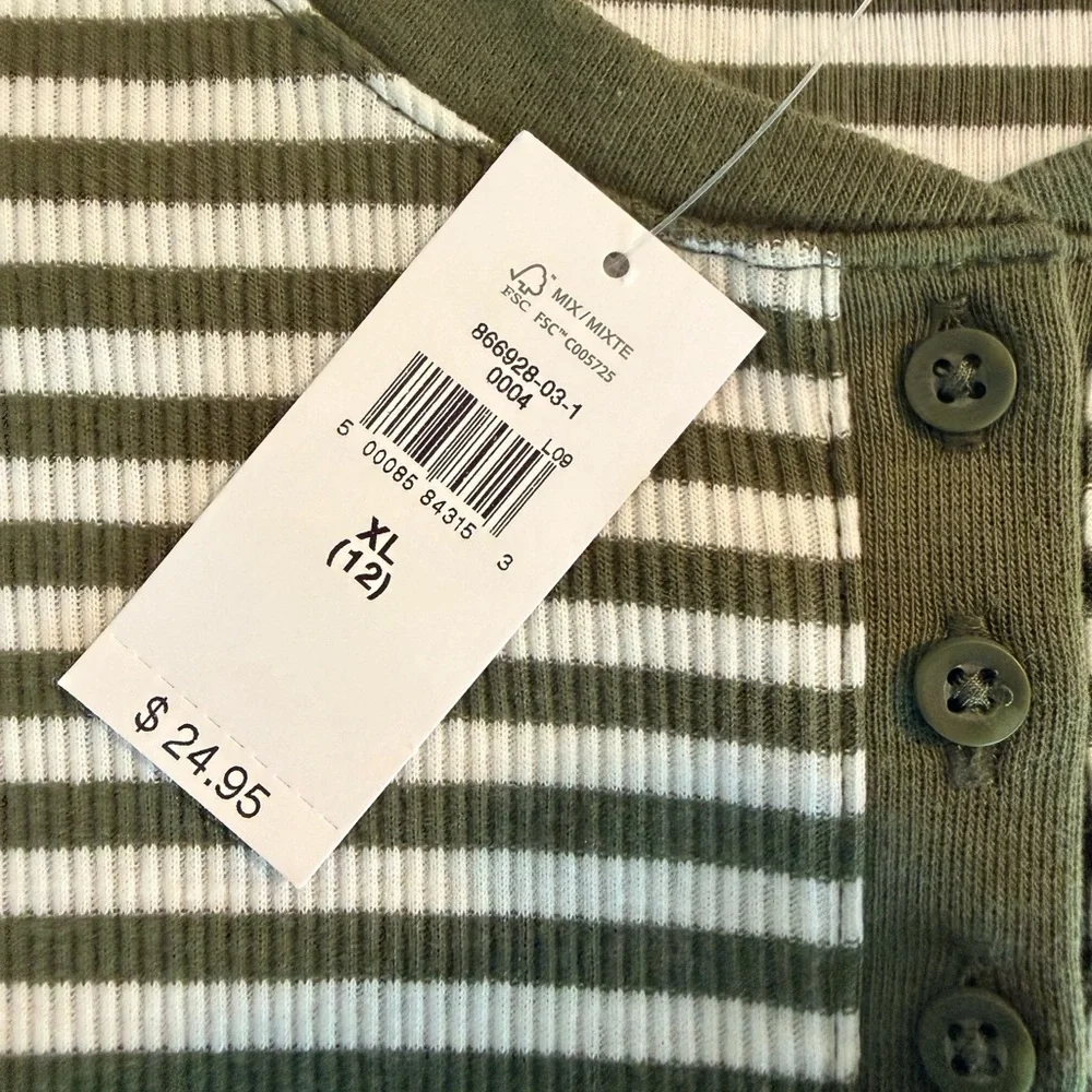 NWT GAP Kids Henley Top XL 12 Green Stripe Short Sleeve Ribbed Shirt